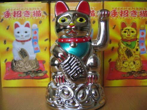 Katze, Winkekatze, Glückskatze mit beweglicher Tatze, Silber, 11cm