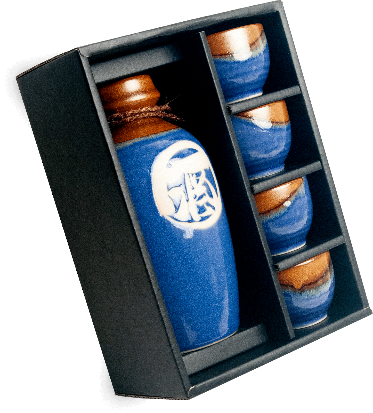 Sake Set, 5 teilig, blau mit braun, in Geschenkverpackung