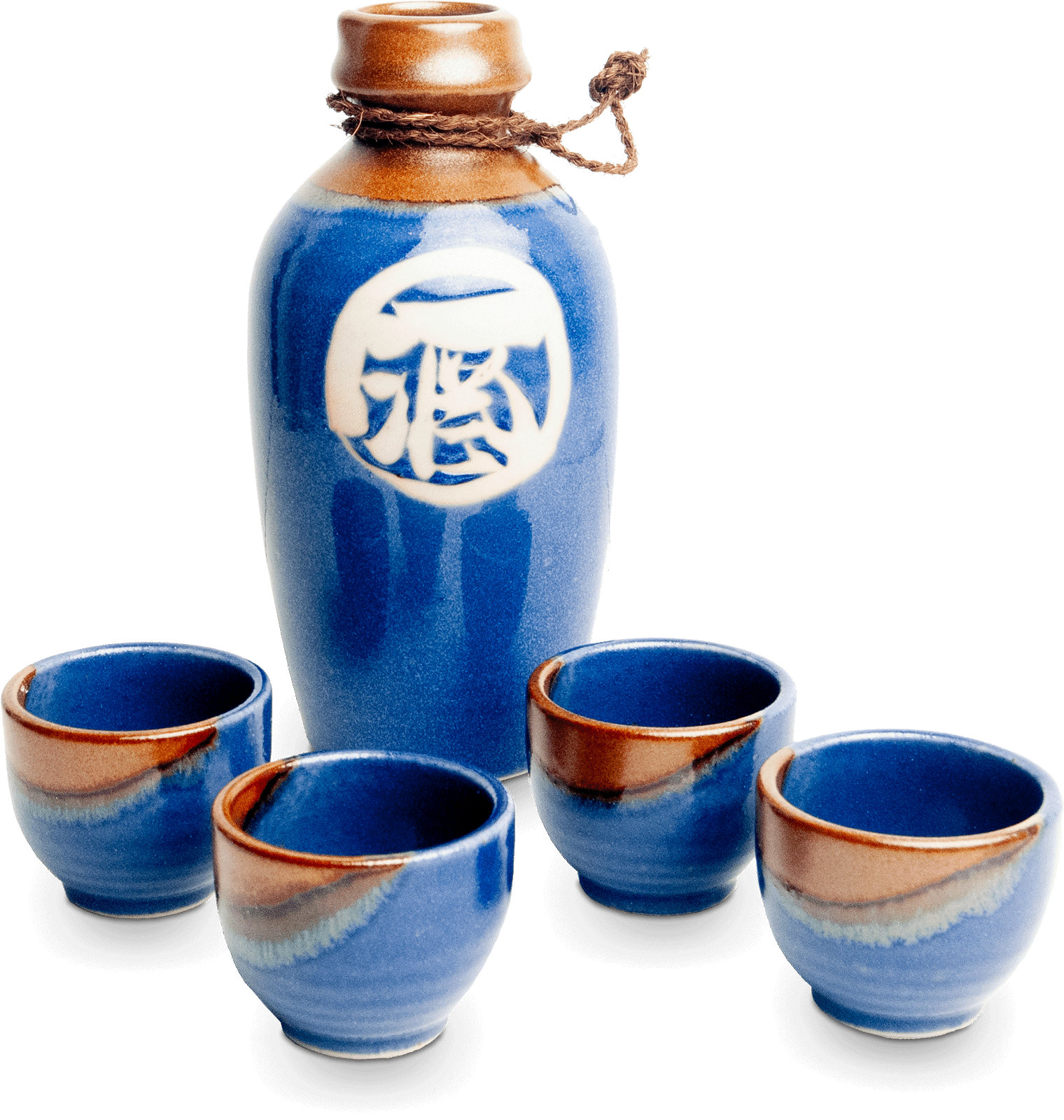 Sake Set, 5 teilig, blau mit braun, in Geschenkverpackung