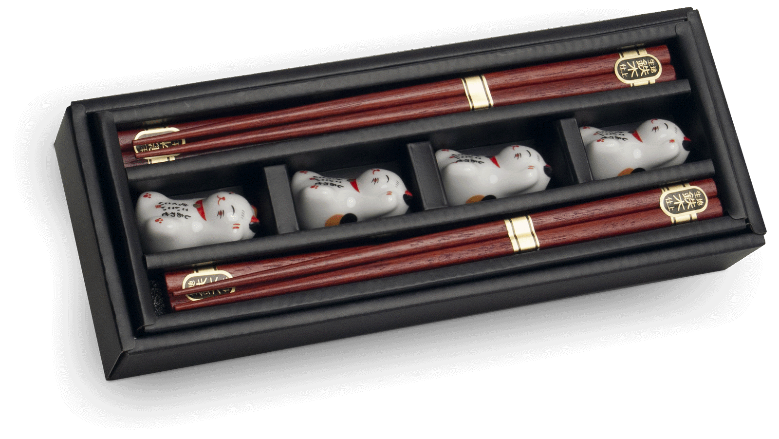 Eßstäbchen Set mit Ablagebank Glückskatzen, 4 Paar, 22,5cm