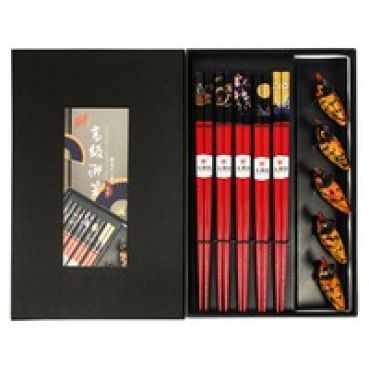 Eßstäbchen aus Bambus, 5 Paar, jap. Motive, Ablegebank Ente, 22,5cm lang