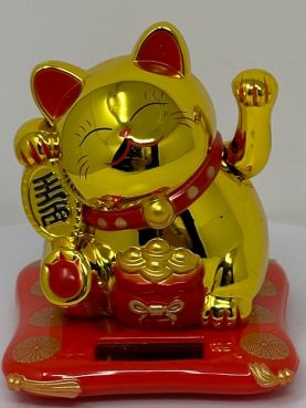 Winkekatze, Glückskatze mit beweglicher Tatze, Lucky Cat, Maneki Neko, gold, 7cm hoch, Solar