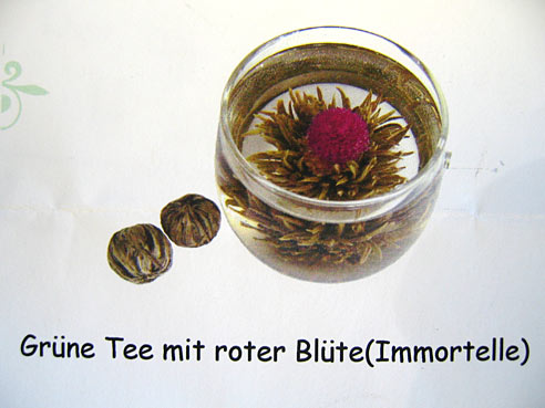 Gruentee Kugel, Teeblume, mit roter Bluete, 1St.