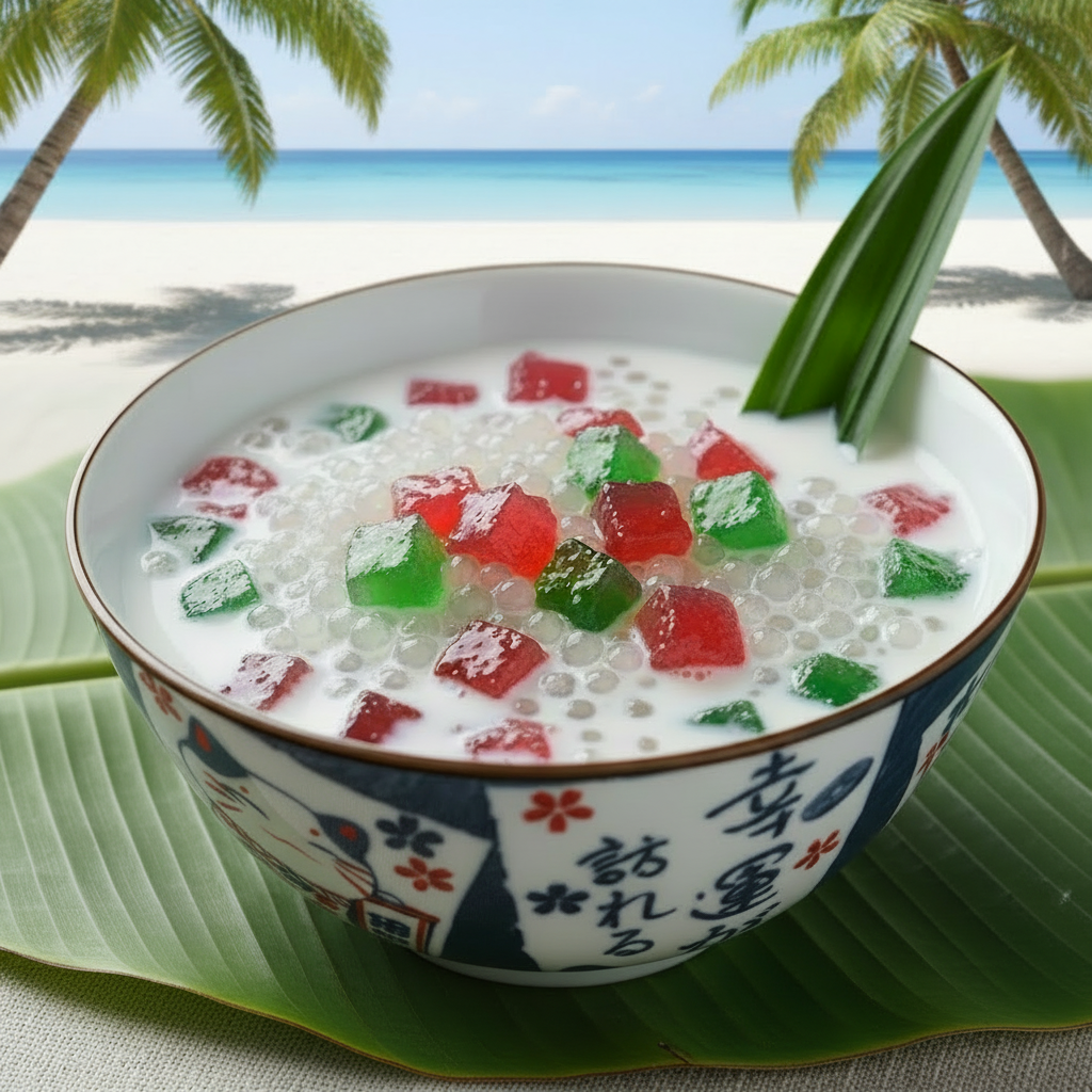 Thai Dessert auf Bananenblatt mit Strandpanorama